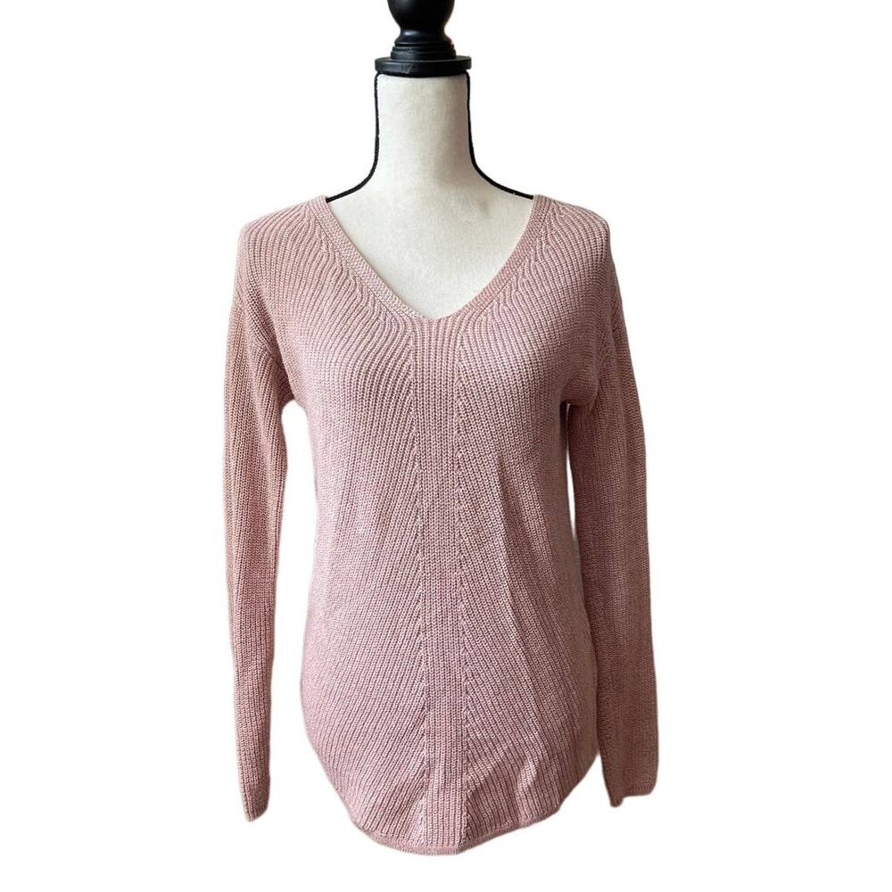 A.N.A Pink V Neck Sweater Womens Size XS Knit woven gold detailing Relaxed Fit